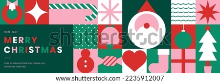 Christmas icons elements with geometric seamless pattern for wrapping paper, background, wallpaper. Holiday season, Trendy, contemporary abstract design. Modern style. Flat vector illustration.
