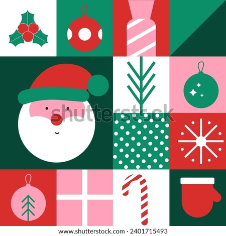 Christmas icons elements with geometric seamless pattern for wrapping paper, background, wallpaper. Holiday season, Trendy, contemporary abstract design. Modern style. Flat vector illustration.