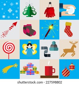 Christmas icons, elements and illustrations. Christmas Greeting Card.