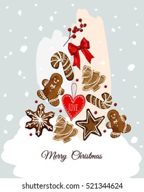 Christmas icons elements in pine tree shape greeting card background. Merry Christmas and Happy New Year.