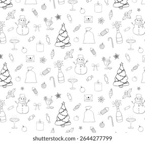 Christmas icons elements Seamless pattern. Vector graphic line ink illustration. Silhouette sign for logo, print, comics, fashion, pop art, boards, design, stickers, decoration, posters
