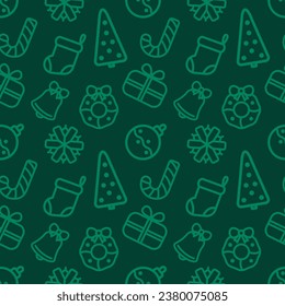 Christmas icons elements. Seamless pattern.Vector illustration on green background.