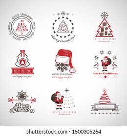 Christmas Icons And Elements Set - Isolated On Gray Background - Vector Illustration, Collection Of Xmas Icons For Label, Sticker, Christmas Tree, Santa Claus Icon And Logo. Merry Christmas Typography