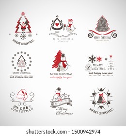 Christmas Icons And Elements Set - Isolated On Gray Background - Vector Illustration, Collection Of Xmas Icons For Label, Sticker, Christmas Tree, Santa Claus Icon And Logo. Merry Christmas Typography