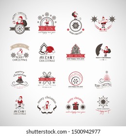 Christmas Icons And Elements Set - Isolated On Gray Background - Vector Illustration, Collection Of Xmas Icons For Label, Sticker, Christmas Tree, Santa Claus Icon And Logo. Merry Christmas Typography