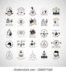 Christmas Icons And Elements Set - Isolated On Gray Background - Vector Illustration, Collection Of Xmas Icons For Label, Sticker, Christmas Tree, Santa Claus Icon And Logo. Merry Christmas Typography