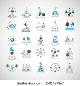 Christmas Icons And Elements Set - Isolated On Gray Background - Vector Illustration, Collection Of Xmas Icons For Label, Sticker, Christmas Tree, Santa Claus Icon And Logo. Merry Christmas Typography