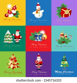 Christmas Icons And Elements Set - Isolated On Mosaic Background - Vector Illustration. Collection Of Flat Xmas Icons For Label,Sticker, Christmas Tree Icon And Logo. Modern Merry Christmas Typography