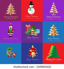 Christmas Icons And Elements Set - Isolated On Mosaic Background - Vector Illustration. Collection Of Flat Xmas Icons For Label,Sticker, Christmas Tree Icon And Logo. Modern Merry Christmas Typography