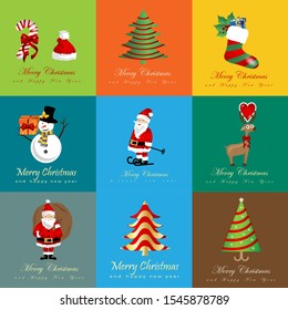 Christmas Icons And Elements Set - Isolated On Mosaic Background - Vector Illustration. Collection Of Flat Xmas Icons For Label,Sticker, Christmas Tree Icon And Logo. Modern Merry Christmas Typography