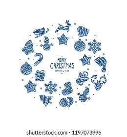 Christmas icons elements wreath circle. Blue elements white background. Scribble or doodle style. Design for banner, flyer, business, card.