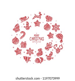 Christmas icons elements wreath circle. Red element white background. Scribble or doodle style. Design for banner, flyer, business, card.