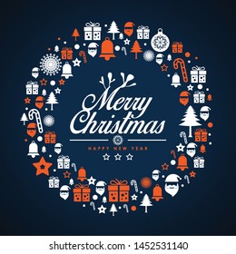 Christmas icons elements wreath circle golden white blue background