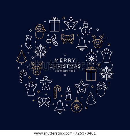 christmas icons elements wreath circle golden white blue background