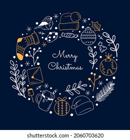 Christmas icons.  Elements for your design. A wreath.  Gold, white.  Blue background