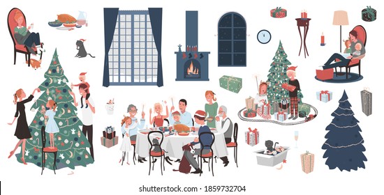 
Christmas icons. Family holiday at home. Decorating a Christmas tree, a Christmas family dinner, an evening with the family by the fireplaces, opening Christmas gifts. Vector, cartoon illustration.