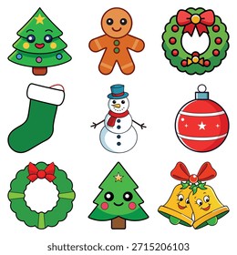 Christmas icons festive objects tree gingerbread man