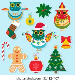 Christmas icons, flat color design. New year elements, objects, holiday decoration. Christmas toys