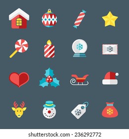 Christmas icons in flat design style for web and applications. Candy, Snowman, Reindeer, Gift, Candle