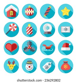 Christmas icons in flat design style for web and applications. Candy, Snowman, Reindeer, Gift, Candle