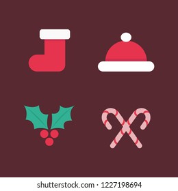 Christmas icons, flat design vector elements, boot and santa hat with holidays candy