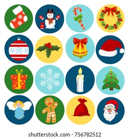 Christmas icons flat style winter decoration holiday celebration gift set. Vector illustration snowflake tree star candy ball candle snowman snow bell hat sock santa sign bow holly angel.