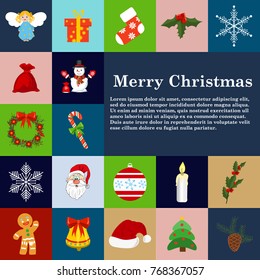 Christmas icons flat style winter decoration holiday celebration gift set. Vector illustration snowflake tree star candy ball candle snowman snow bell hat sock santa sign bow holly angel.