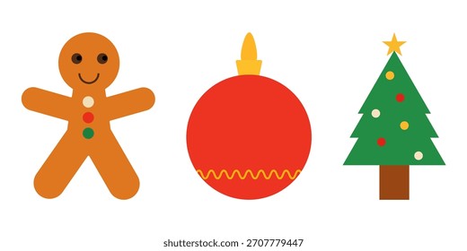 Iconos de Navidades en un estilo de diseño divertido y plano: un hombre de jengibre, una bola de adornos y un árbol decorado. Perfecto para tarjetas de vacaciones, decoraciones festivas y diseños de temporada, Ilustración vectorial