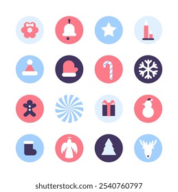 Christmas icons. Geometric elements, minimal holiday icons, ornamental baubles, simple shapes forms. Snowflake, gift, angel, bell, Christmas tree, gingerbread man, angel, snowman. Vector illustration