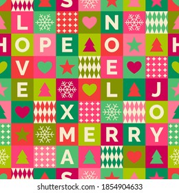 Christmas icons with geometric elements seamless pattern.