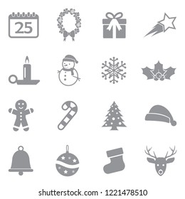 Christmas Icons. Gray Flat Design. Vector Illustration. 
