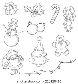 Christmas icons hand drawn in Illustrator with brush and pencil stroke. Lines only, no fill, image is transparent