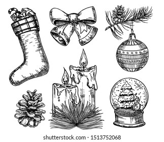 Christmas icons hand drawn sketch set. Isolated retro holidays object, symbol, element
