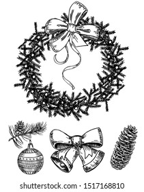 Christmas icons hand drawn sketch set. Isolated retro holidays object, symbol, element. Christmas wreath, bells, glass ball on a fir branch, pine cone.
