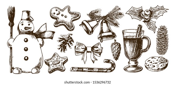 Christmas icons hand drawn sketch set. Isolated retro holidays object, symbol, element. Christmas tree, Christmas wreath, snowman, gift, cookie, bell, candy, decor elements