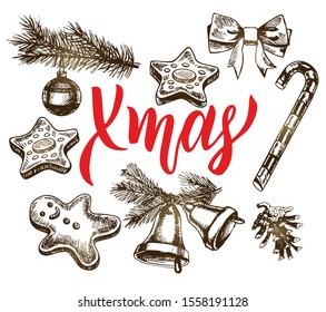 Christmas icons hand drawn sketch set. Isolated retro holidays object, symbol, element