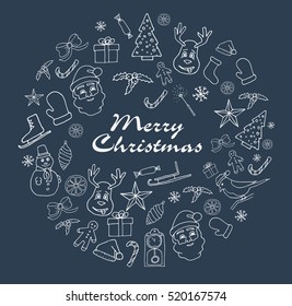  Christmas icons Hand-drawn. Icons of Santa Claus snowman and etc. Christmas illustration on a blue background. Linear icons