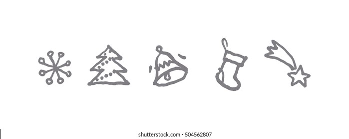 Christmas icons hand-drawn, tree, snowflake, bell, socks, comet, vector image  sketch