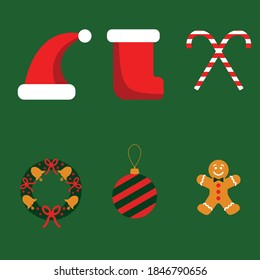Christmas icons: Christmas hat, Christmas sock, candy cane, wreath, Christmas tree toy, gingerbread man