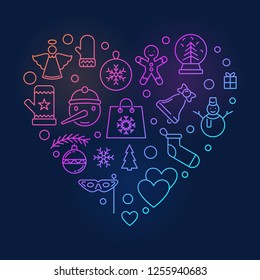 Christmas icons in heart shape. Vector Xmas colorful illustration in outline style on dark background