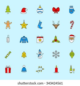 Christmas icons. Holiday New Year icons. Outline icon collection in flat style.