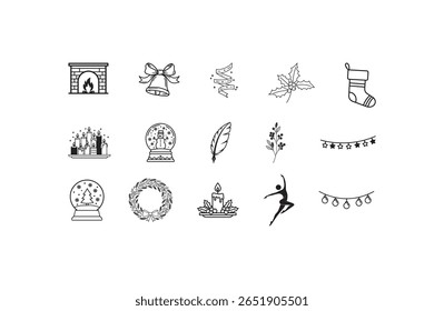 Christmas icons including fireplace bell holly stocking snow globe wreath dancer and lights holiday celebration