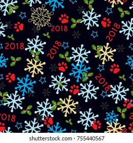 Christmas icons and labels: , star, snowflake,dog paw, ball holly,2018 year,  vector set of elements on dark pattern background