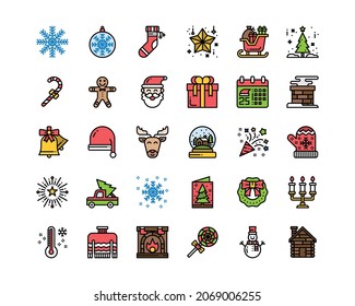  Christmas Icons Line Color Vector Illustration, snowflake, candy, sleigh, christmas day