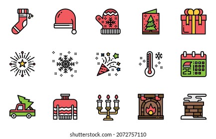 Christmas Icons  Line Color Vector Illustration, winter, snow, christmas day