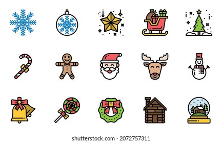Christmas Icons  Line Color Vector Illustration, snowflake, candy, sleigh, christmas day