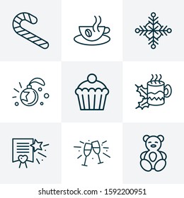 Christmas icons line style set with christmas tree ball, cupcake, hot coffee and other teacup elements. Isolated vector illustration christmas icons.