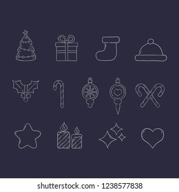 Christmas icons linear doodles, hand drawn decorative elements.