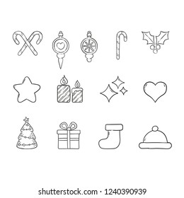 Christmas icons linear doodles, hand drawn decorative elements.