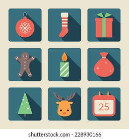 Christmas icons with long shadow. Vector set, flat design, EPS 8.
